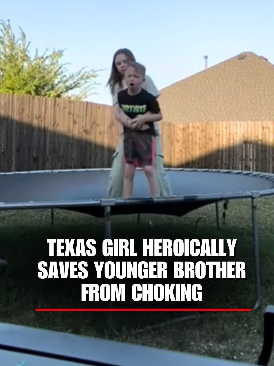 SIBLING RESCUE: Video shows a young girl springing into action to save her little brother after he began choking while the two were playing on a trampoline.