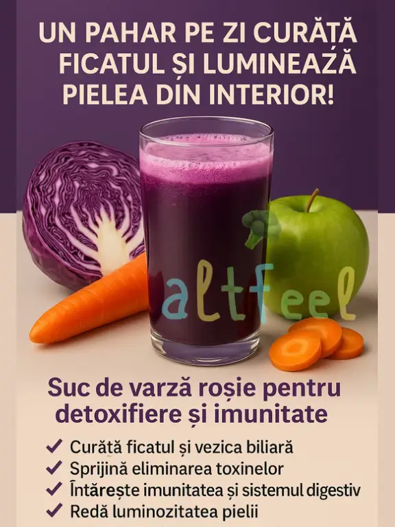 💜🥬Sucul de varză roșie este unul dintre cele mai puternice elixire naturale de toamnă. Bogat în antioxidanți, vitamina C, sulf și enzime vegetale, stimulează ficatul, curăță sângele și susține imunitatea naturală. Este o băutură simplă, dar profund regenerantă, ideală în perioadele de oboseală, alimentație grea sau piele ternă. 🥬 Ingrediente: • 1 varză roșie mică (bio, dacă este posibil) • 1–2 mere (pentru un gust dulce și plăcut) • 1 morcov (opțional, pentru un plus de beta-caroten) • Sucul de la ½ lămâie 🍹 Mod de preparare: 1️⃣ Spălați bine legumele și fructele. 2️⃣ Tăiați varza roșie și merele în bucăți mici. 3️⃣ Introduceți ingredientele într-un storcător cu presare la rece sau blender. 4️⃣ Dacă folosiți blenderul, adăugați 100 ml apă și strecurați sucul obținut. 5️⃣ La final, adăugați sucul de lămâie pentru un plus de prospețime și vitamina C. 💧 Recomandări de consum: Beți un pahar (150–200 ml) dimineața, pe stomacul gol, timp de 7–14 zile. Poate fi combinat cu morcov sau măr verde pentru gust mai blând și efect sinergic. Se păstrează la frigider maximum 24 de ore, într-o sticlă de sticlă închisă la culoare. 🌿 Beneficii: ✔ Curăță ficatul și vezica biliară ✔ Sprijină eliminarea toxinelor ✔ Întărește imunitatea și sistemul digestiv ✔ Redă luminozitatea pielii și tonusul general ⚠️ Contraindicații: • Persoanele cu hipotiroidism – consum moderat (varza conține goitrogeni). • Nu se recomandă în exces celor cu colon iritabil, din cauza balonării. • Persoanele cu gastrită hiperacidă să evite consumul pe stomacul gol. • Femeile însărcinate sau care alăptează trebuie să consulte medicul înainte de introducere în dietă. • Poate interacționa cu tratamentele anticoagulante (conținut de vitamina K). 💬 Tu ai încercat vreodată sucul de varză roșie crudă? Ce efecte ai observat asupra pielii și digestiei? #altfeel🥦 #ficatgras #pielecurata #digestie #remediinaturale 