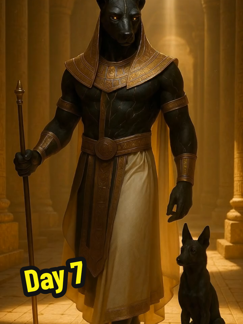 Day 7 – Anubis: The Silent Guardian The judgment is over, and the desert rests once more. Anubis walks in silence through the sacred halls, watched only by his loyal companion. He does not speak — his presence alone keeps the balance between life and death. ⚖️ Anubis – The Silent Guardian. #Anubis #EgyptianMythology  #AIArt  #CinematicFantasy  #TiktokArt 