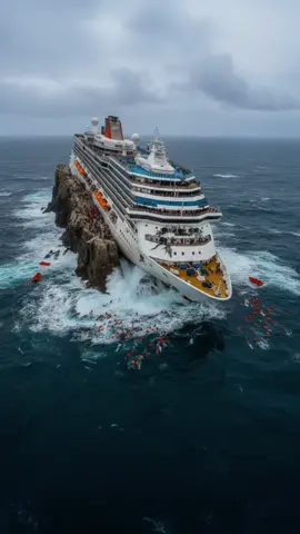 Massive cruise ship stranded on a sea rock after storm A huge passenger liner was pushed by waves onto a rocky formation in open water and got stuck. Chaos broke out — some passengers jumped into the sea, others climbed onto the rock, waiting for rescue. It’s only the beginning, as the weather keeps getting worse. #wow #ai #fail #ship #crash          