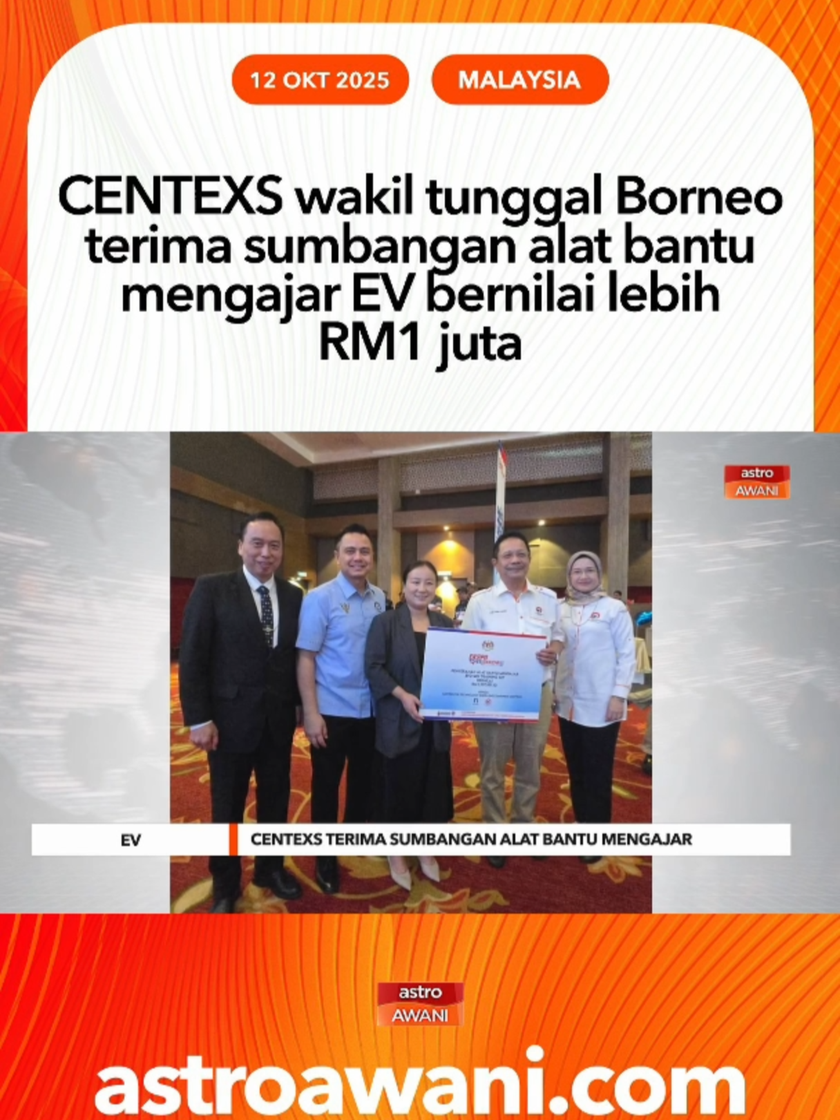 Sumbangan ini meliputi peralatan pengajaran dan pembelajaran teknikal khusus bagi bidang kenderaan elektrik (EV) yang akan digunakan bagi mempertingkatkan keberkesanan latihan TVET di kampus-kampus CENTEXS seluruh Sarawak. #AWANIBorneo #AWANInews