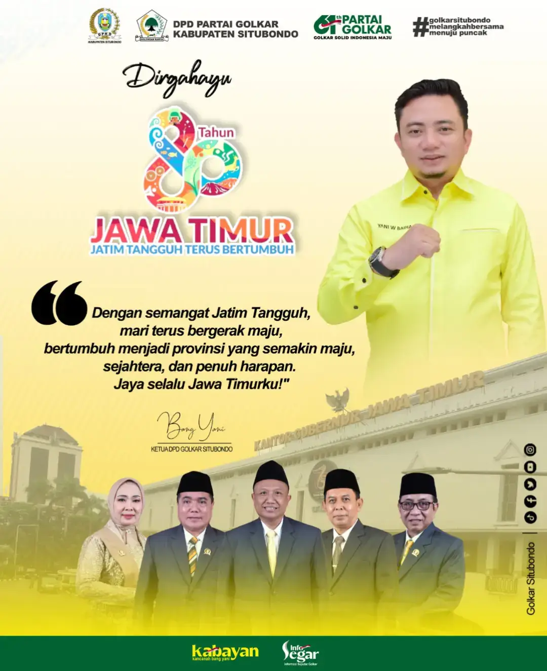 Selamat Hari Jadi Jawa Timur yang ke-80 tahun 2025. Provinsi Jatim, teruslah bersinar dan semoga semakin berdaya saing.