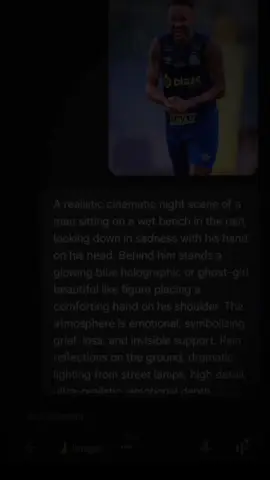 1.Open Google Gemini 2.Upload photo 3.Use this prompt . A realistic cinematic night scene of a man sitting on a wet bench in the rain, looking down in sadness with his hand on his head. Behind him stands a glowing blue holographic or ghost-girl beautiful like figure placing a comforting hand on his shoulder. The atmosphere is emotional, symbolizing grief, loss, and invisible support. Rain reflections on the ground, dramatic lighting from street lamps, high detail, ultra-realistic, emotional depth. #editfoto #fotogeminiai #googlegemini #art #Gemini #photo   #Google #foryou #neymar @𝓜𝓪𝓷𝓲𝓐ᥫ᭡. 