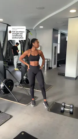 Replying to @marlamaeee  my strength & conditioning routine🏋🏾‍♀️🤍 details listed below: warm up - dynamic stretching  - 10 walk outs  part 1 - ski erg sprint till you hit 10 cals - squat press x 10  repeat 3 times part 2 - 45 sec bike sprint  - reverse lunges x 10 repeat 3 times  part 3  - bicep curls x 10 - push ups x 8 - burpees x 10  repeat 3 times part 4 - shoulder taps for 1 min - leg raises for 1 min - russian twists for 1 min done! between each part is a 1min break and the more you do this routine the easier it becomes🖤 #fyp #gym #GymTok #strengthandconditioning #fitnessmotivation 