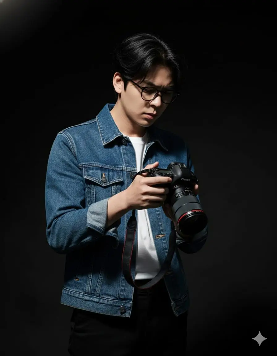Prompt: ​Jenis Subjek: Seorang pria dewasa  ​Pakaian: Mengenakan kaos putih, jaket jeans hitam, bawahan celana jeans hitam. ​Aksi/Pose: Berdiri tegak, menatap ke bawah dan fokus pada kamera profesional (DSLR/Mirrorless) yang ia pegang dengan kedua tangan. Menampilkan wajah dan rambut model sesuai foto referensi. Keterlibatan penuh dalam memeriksa pengaturan atau hasil bidikan. Ekspresi wajah serius, berkonsentrasi, dan profesional. ​Perlengkapan: Memegang kamera DSLR/Mirrorless profesional (seperti Canon seri L-lens atau sejenisnya) dengan tali kamera tergantung di leher atau bahu (terlihat sedikit di bagian bawah). ​Pencahayaan & Suasana (Teknik Low Key): ​Pencahayaan Utama (Key Light): Pencahayaan tunggal atau terarah yang kuat dari sisi depan-atas (butterfly atau paramount lighting yang sedikit dimiringkan) untuk menonjolkan wajah, dahi, dan bahu. Cahaya ini menciptakan sorotan tajam dan bayangan lembut. ​Gaya Pencahayaan: Low Key Photography (Pencahayaan Redup/Kunci Rendah). Sebagian besar gambar didominasi oleh warna gelap/hitam. Ini menciptakan suasana dramatis, serius, dan profesional. ​Bayangan: Bayangan yang dalam dan kaya (hitam pekat) di latar belakang dan di sekitar area yang tidak terkena cahaya utama. Ini memberikan kedalaman dan memisahkan subjek dari latar. ​Pencahayaan Pinggir (Rim Light / Hair Light): Mungkin ada sedikit rim light (cahaya pinggir) yang sangat halus di bahu dan rambut (terutama di bagian belakang), meskipun sulit dideteksi, untuk memberikan sedikit definisi dan separasi dari latar belakang gelap. ​Latar Belakang & Set-up: ​Warna Latar Belakang: Hitam pekat atau abu-abu gelap. ​Tekstur Latar Belakang: Latar belakang polos, tidak terfokus (vignette) yang lembut, menyatu dengan bayangan. Sedikit gradasi dari abu-abu gelap di dekat subjek ke hitam pekat di tepi bingkai. ​Komposisi & Estetika: ​Sudut Pandang: Setinggi mata subjek, sedikit dari bawah, atau bidikan penuh (full shot) dengan ruang kepala di atas. ​Pembingkaian (Framing): Subjek berada di tengah bingkai (pusat perhatian), dari pinggang ke atas (medium close-up atau upper body shot). ​Kedalaman Bidang (Depth of Field): Dangkal (shallow DoF), subjek fokus tajam, latar belakang benar-benar buram dan gelap (bokeh yang minimalis karena gelap). ​Nuansa: Profesional, serius, fokus, dramatis, dan artistik. #geminiai #prompt #ai #aiart #fyp 