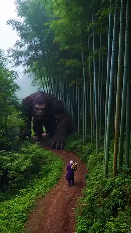 🎋Bamboo Forest Encounter!🦍. A giant ape emerges from the misty bamboo forest, startling a lone traveler on the path. 🌳✨ An unexpected meeting with the wild! 😱. #ai #amazon #giant #wildanimals #scary 
