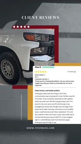 Real quick, huge shoutout to Shae R. and Greg H. for sharing their experience with us! 💪 From the Chevy Silverado to the Lexus LC500, both came out looking spot-on. Paint match, fitment, and packaging? All 5 stars across the board. Appreciate you both for trusting ReveMoto, where every painted part’s built to match, fit, and impress. 👉 Need a painted part that shows up ready to install? You know where to go — ReveMoto.com #ReveMoto #PaintToMatch #CustomerReview #LexusLC500 #ChevySilverado #AutoBodyRepair #CarParts #ColorMatched #CarCommunity #BeforeAndAfter #DIYAuto