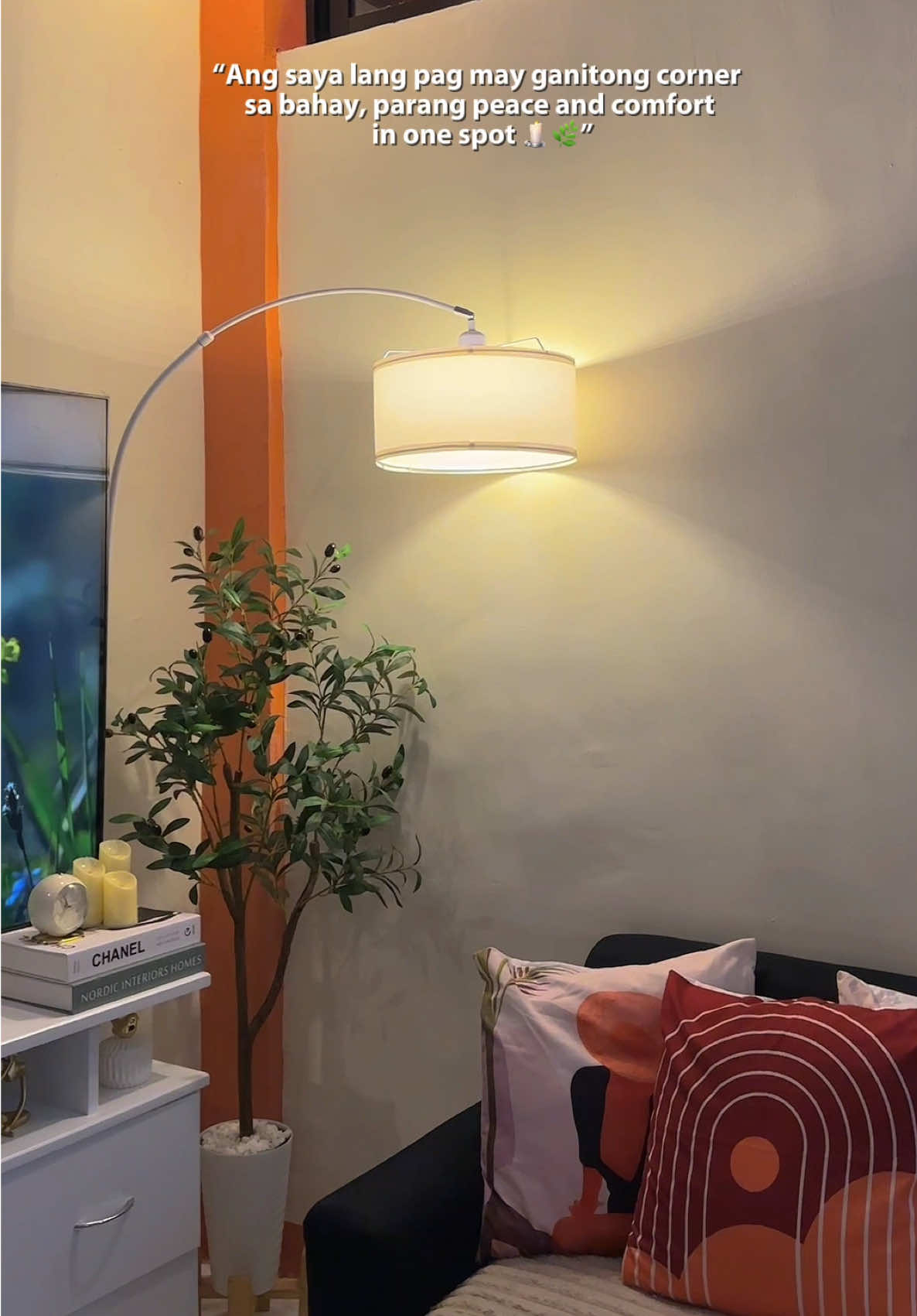 Simple lang pero ang relaxing tignan! Yung floor lamp at olive tree combo na nagbibigay calm energy sa sala mo. Perfect pang unwind after a long day!🌲💡 #CozyCorner #AestheticHome #HomeInspo #FloorLamp #olivetree 