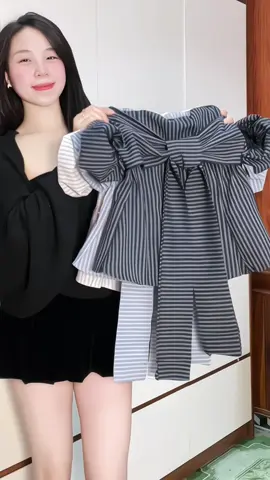 BARE_Áo kẻ trễ vai thắt dây ngực chiết eo tay bo chun mặc được nhiều kiểu #aoxinh #thoitrangnu #xuhướng 