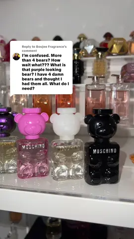 Replying to @Boujee Fragrance here are the 5 bears which I thought there were only 4 until @Janna Marie found the pearl blue which i thought didn’t exist lol #miniperfume #moschino #miniperfumes #perfume #miniperfumecollection 