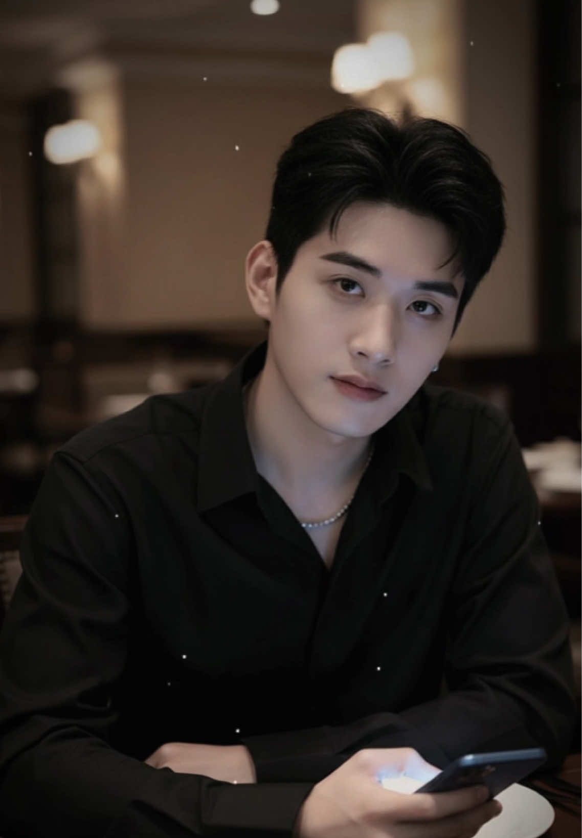 Form Gemini :⬇️ Based on the facial features, I created a surreal photo of a young man sitting in front of a dining table in a Western restaurant. He was wearing a black shirt, a silver necklace, one hand on the table and holding a phone that was turned on, the light from the phone reflected on his face. While he looked towards the camera. On the table were some Western dishes such as salad and beef steak. Lighting: the surrounding background was a bit dark, creating a warm and gentle feeling. With a slightly tilted angle.#gemini #Ai #doauntukkamu 