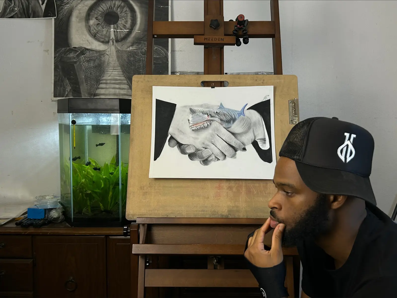 ‘Instinct’ Every man has a little shark in him — it’s just a matter of how deep he swims. • Charcoal & Color pastel drawing  #shark #greatwhiteshark #pencildrawing #instinct 