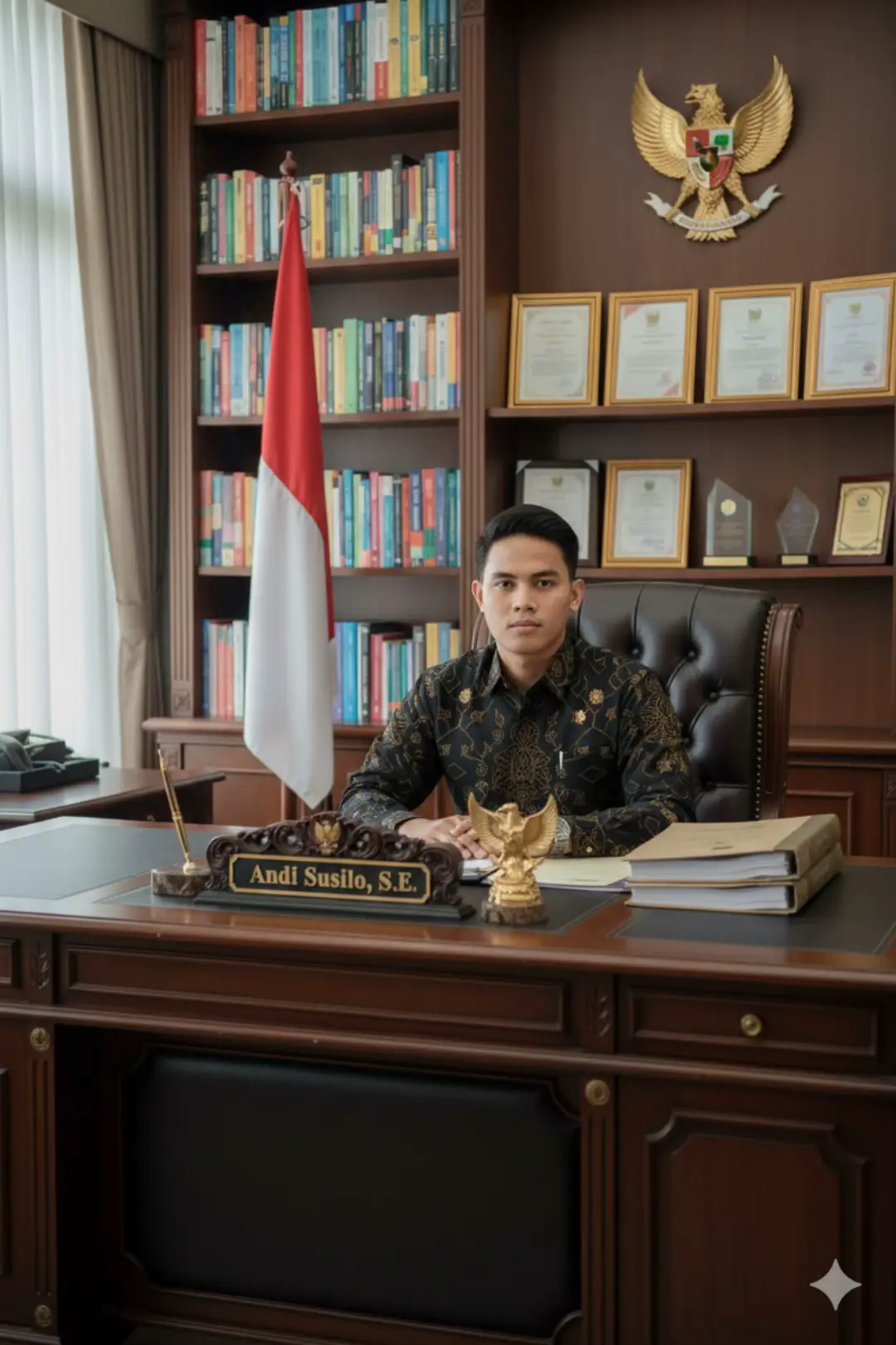 Tutorial edit di GEMINI AI 1. ﻿﻿﻿buka aplikasi Gemini 2. ﻿﻿﻿Masukan foto anda (jelas tanpa menutupin wajah asli) 3. ﻿﻿﻿Copy + paste prompt di bawah PROMPT: A young man sits in a luxurious brown leather office chair behind a large, classic-style wooden desk. Above the desk is a nameplate that reads 
