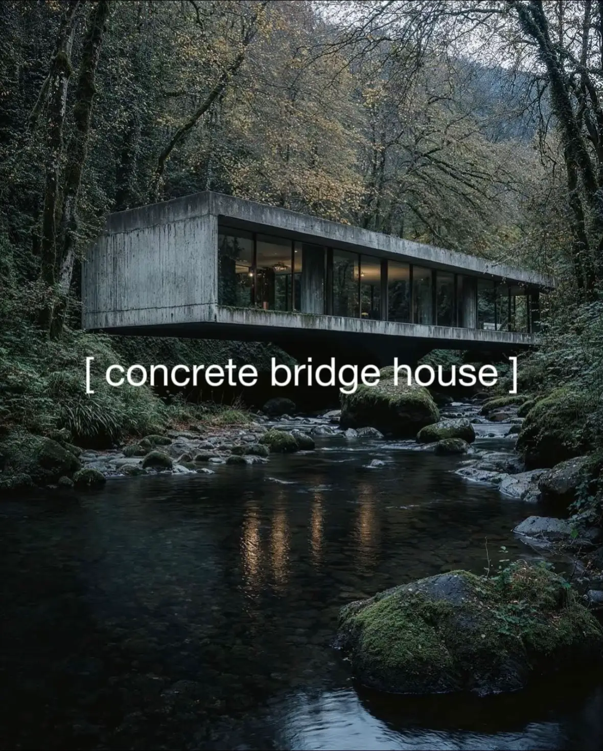 A concrete bridge house over a forest river. Brutalist, serene, cinematic. Glass, stone, and water merge in quiet harmony — designed for stillness and slow living. Posted by @jc____b on Instagram.  Curated spaces, architecture and design Follow @industrialkonzept for more. #industrial #industrialkonzept #architecture #Home #interior