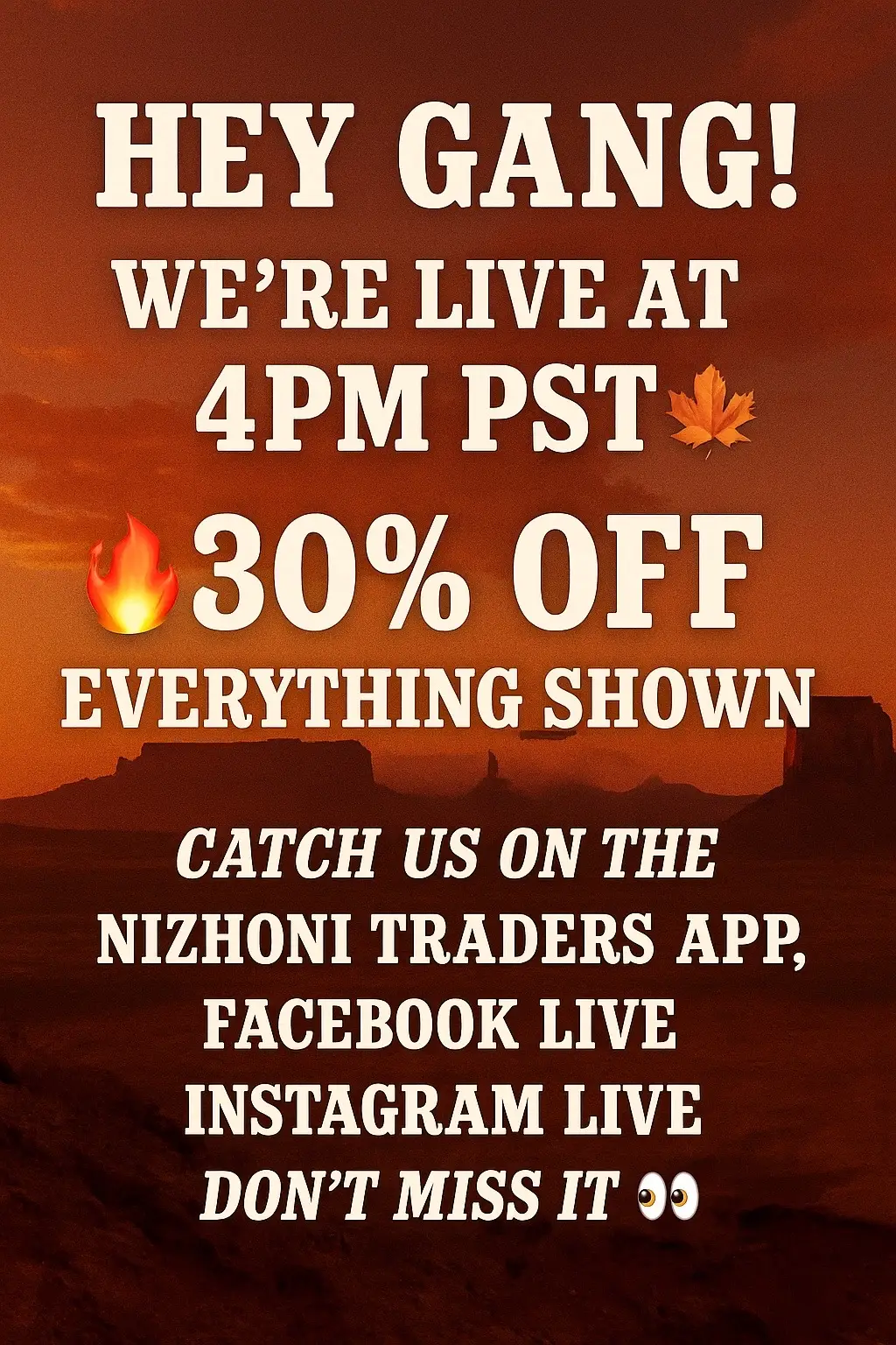 4PM PST. You, us, and 30% OFF everything we show 😘 Tap in on our app Nizhonitradersllc, Facebook, or Instagram Live. Fall vibes, turquoise dreams 🍁💙