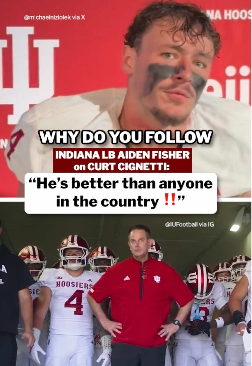 Indiana LB Aiden Fisher says there’s no one better than Coach Cignetti 🔥