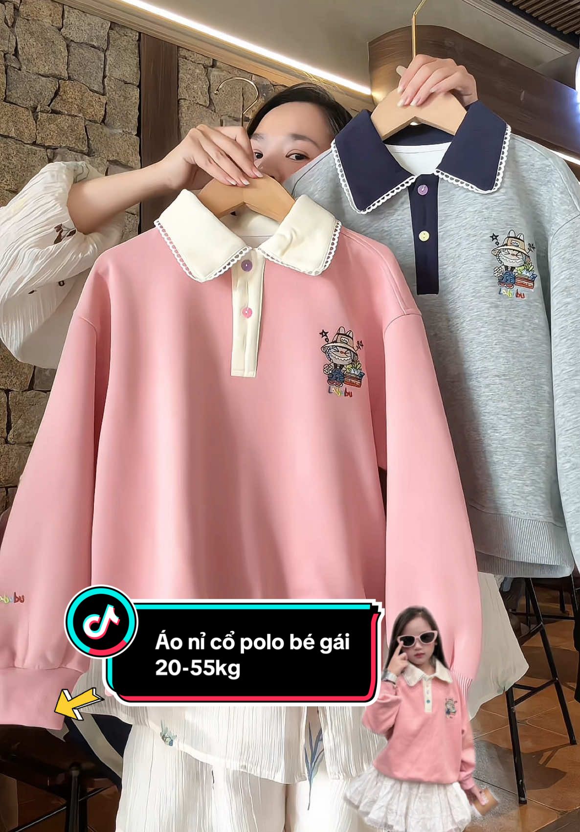 Áo nỉ cổ polo cho bé gái 20-55kg chất nỉ 2da dày dặn mềm mịn. #megaoreview123 #aonichobe #aonibegai #aobegai #quanaobegai 