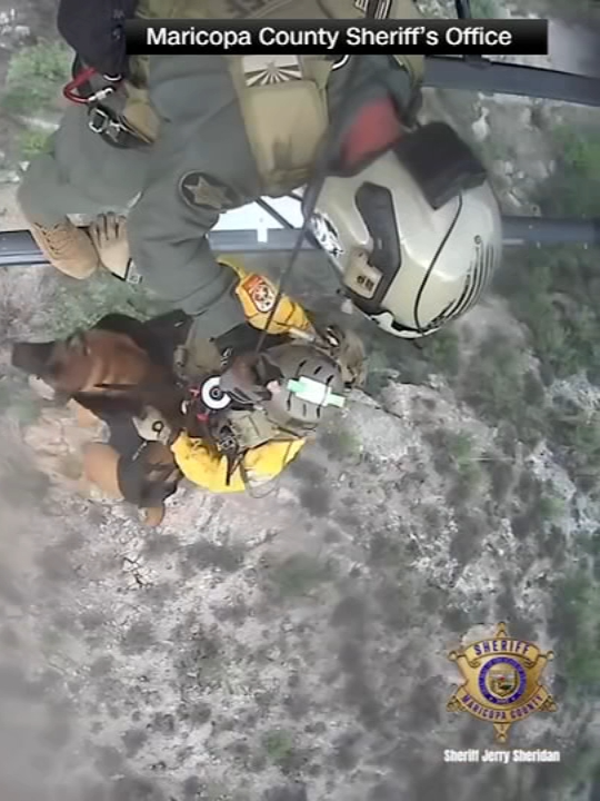 New details are being revealed about a dramatic rescue after a camping trip took a scary turn along a mountain in east central Arizona. This unfolded Friday in the Superstition Mountains. First responders in Maricopa County received a call that a dog had fallen and could no longer walk. The dog and its owner were in a deep canyon. Rescuers found the pair and hoisted both of them to safety. They used a special harness to lift the dog into the helicopter. The dog was rushed to a veterinarian to get help for his injuries. There's no word yet on his condition. #news #arizona #rescue