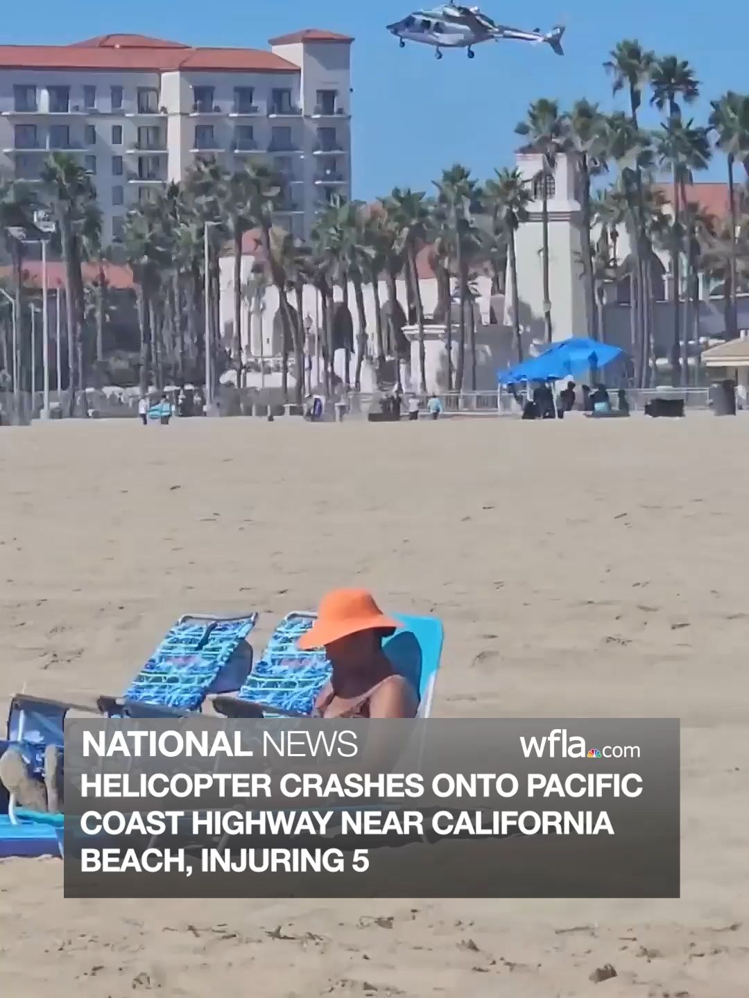 CAUGHT ON CAMERA: Beachgoers in California got quite the shock on Saturday when a helicopter fell out of the sky onto PCH in Huntington Beach. Five people, including the two on board, were injured in the crash.#news #wfla #california #crash #huntingtonbeach