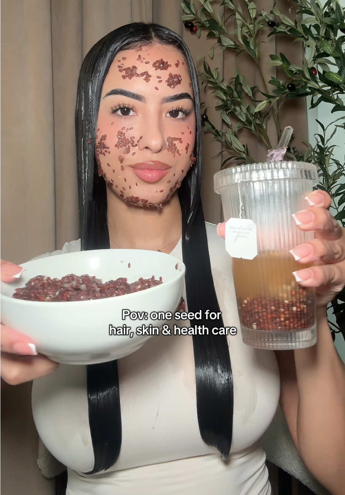 Three ways I like to use Flaxseeds to improve my health, skin & hair ✨🎀 1. Cook 2 cups of water & 4 spoons of flaxseed in medium heat for 10 mins & strain as soon as its done. Once the gel is made. Cool for 30min-1hour in the fridge & apply for 1hr, once a week. Your hair will be longer & shinier 🫶🏼 2. After you’ve strained your flaxseed gel, keep the seeds & let them cool for 25 minutes. Later apply seeds in your face for 30 minutes for a “botox” effect.  3. Add warm/hot water to a cup & add green tea & 2 spoons of flaxseed. Green tea will help stimulate your scalp for hair growth as well as flaxseed. Making it easier to stimulate blood flow in your scalp for longer, healthier hair!  Have you tried any of this before?  #haircare #HairCareTips #flaxseed #hairtok #healthyhair #longhairtips 