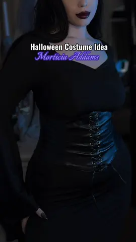 Simple but forever classic 🥀 all you need is a long black dress  ,corset belt (optional), straight black wig & black or red stiletto nails 🖤 makeup look inspired by Mortica in Wednesday 💜 #morticiaaddams #morticia #halloweenidea #costumeideas 