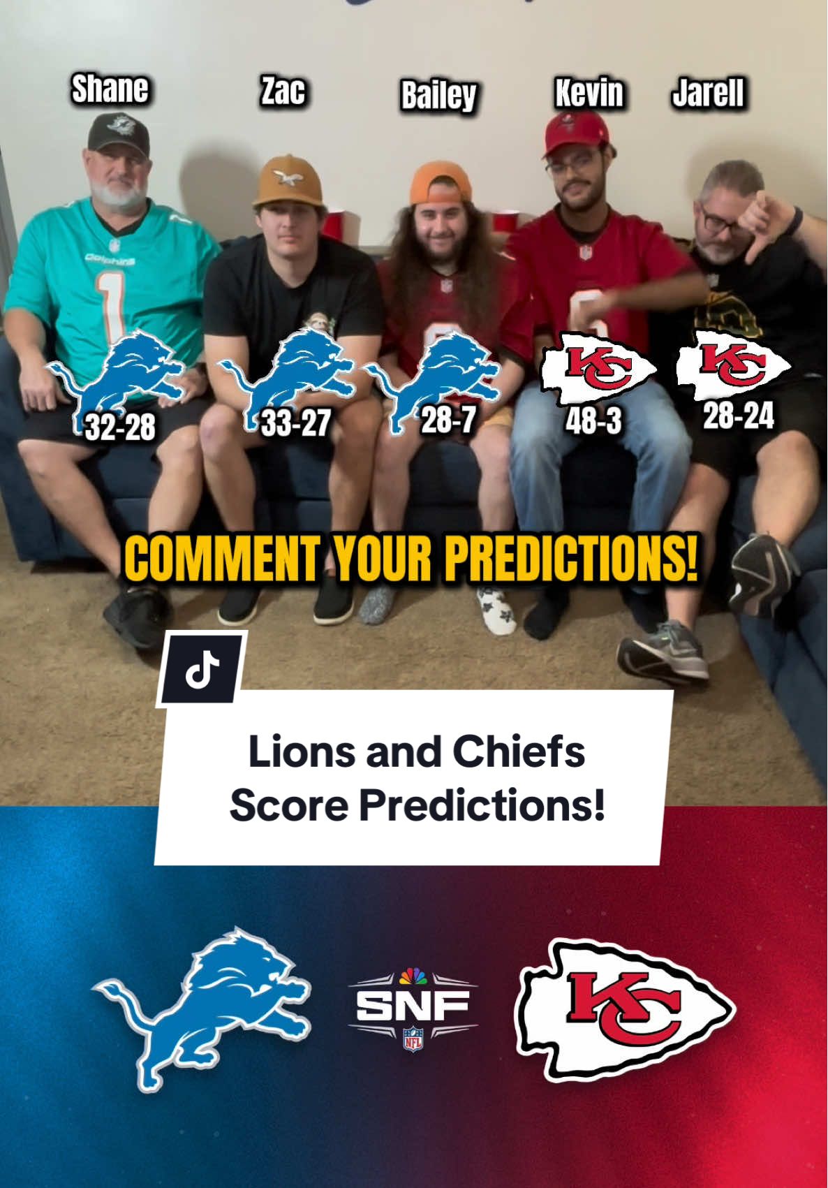 PREDICTING THE LIONS AND CHIEFS SCORE ON SUNDAY NIGHT FOOTBALL🔥 We got ALL the guys for tonight’s predictions where the Detroit Lions travel to the arrowhead to take on the Kansas City Chiefs😳 it seems the guys think this will be a high scoring game. Can the Lions pull up the upset against the Chiefs who just LOST last week to the Jaguars⁉️ Comment your predictions below🔥 #detroitlions #kansascitychiefs #sundaynightfootball #snf #nfltrending 