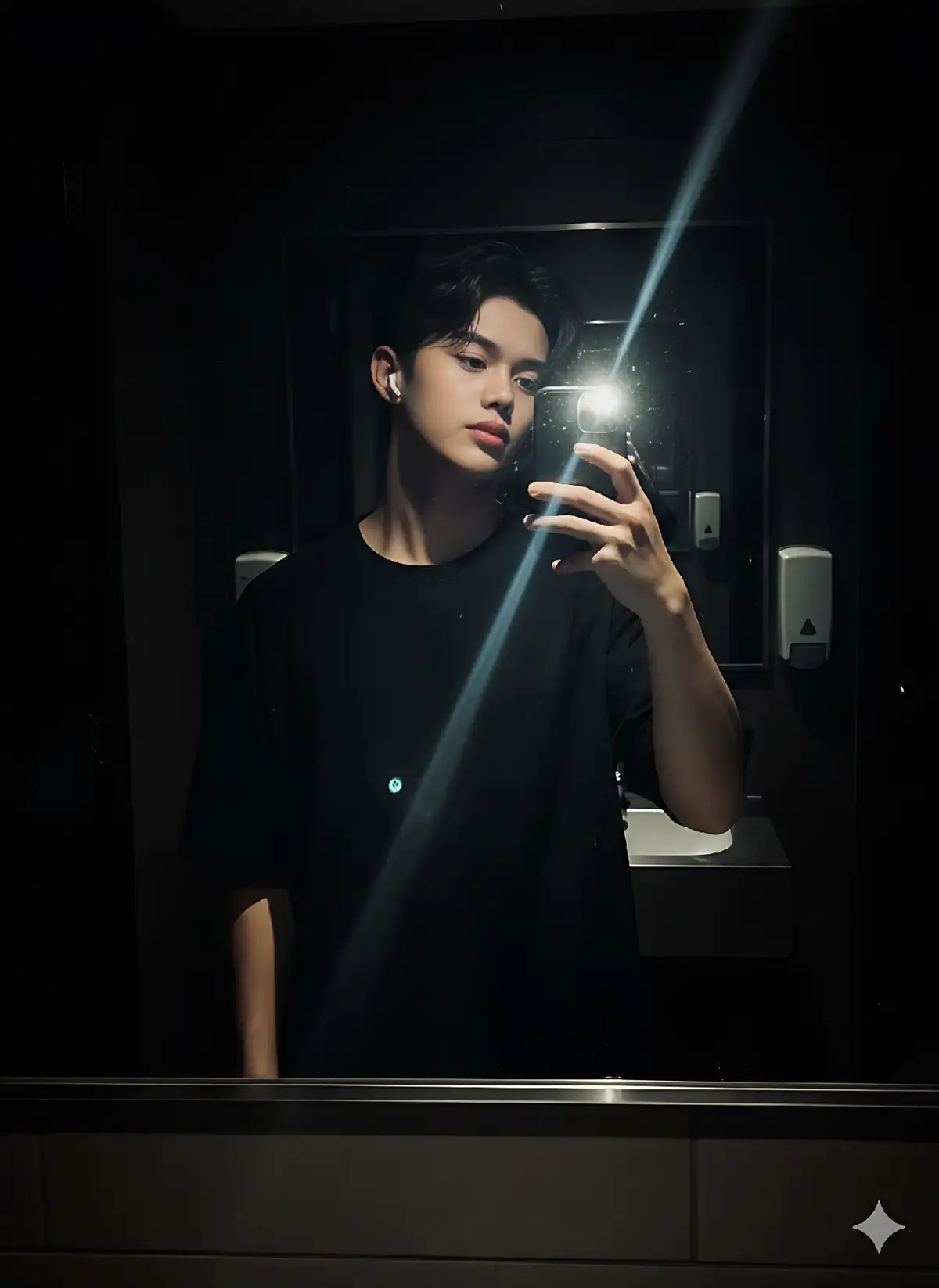 📌Prompt Figure 1 : insert the photo I uploaded into the prompt below,  a young man taking a mirror selfie in a dark restroom, only illuminated by the camera flash, wearing a loose black t-shirt, holding a smartphone with one hand, short slightly wavy black hair styled naturally, wearing white wireless earbuds, subtle confident expression, realistic human proportions, harsh light from flash reflecting on mirror and face, dark background with minimal visibility, cinematic shadows, dramatic lighting contrast, realistic reflections and light flares from the flash, detailed skin texture, glossy mirror surface, casual urban mood, ultra realistic photography, 4K resolution, professional DSLR, 50mm lens, f/1.8 aperture, ISO 400, photo aspect ratio 9:16, low light realism, high contrast aesthetic Figure 2 : insert the photo I uploaded into the prompt below, a young man standing in front of a mirror in a dark restroom, one hand in pocket and the other holding the phone for a mirror selfie, looking slightly away from the mirror, only illuminated by camera flash, soft flash reflection on mirror and face, loose black t-shirt, messy slightly wavy black hair, white earbuds, cinematic low light, moody atmosphere, realistic lighting and reflections, ultra detailed skin texture, dark minimalist background, professional DSLR shot, 50mm lens, f/1.8, ISO 400, 4K photo realism, aspect ratio 9:16 Figure 3 : insert the photo I uploaded into the prompt below, a young man taking a mirror selfie in a dark room, head tilted slightly down, face partially illuminated by bright camera flash, wearing a loose black t-shirt and white wireless earbuds, holding phone close to face, realistic light burst reflection, cinematic low key lighting, dark minimal background, subtle expression, sharp focus on face and hand, realistic texture and shadow depth, 4K ultra realistic photo, professional DSLR, 50mm lens, f/1.8, ISO 400, photo aspect ratio 9:16 Figure 4 : insert the photo I uploaded into the prompt below, a young man taking a mirror selfie in a dark restroom, making a peace sign with one hand while holding the phone with the other, illuminated only by camera flash, wearing a loose black t-shirt, casual cool pose, soft reflection glow on mirror, dynamic flash burst lighting, realistic details, glossy mirror surface, moody urban vibe, professional photo realism, DSLR 50mm, aperture f/1.8, ISO 400, dark aesthetic, cinematic tone, photo aspect ratio 9:16 Figure 5 : insert the photo I uploaded into the prompt below, a young man taking a mirror selfie in a dark room with camera flash as the only light source, one hand holding the phone, the other resting behind his neck, relaxed and confident expression, black t-shirt, white earbuds, realistic flash lighting and reflections, soft shadow gradient, cinematic dark tone, ultra realistic photo, 4K detail, DSLR 50mm, aperture f/1.8, ISO 400, natural posture, minimalist background, aspect ratio 9:16 #ai #prompt #chatgpt #aigemini #googlegemini #prompterchallenge #pinterest 