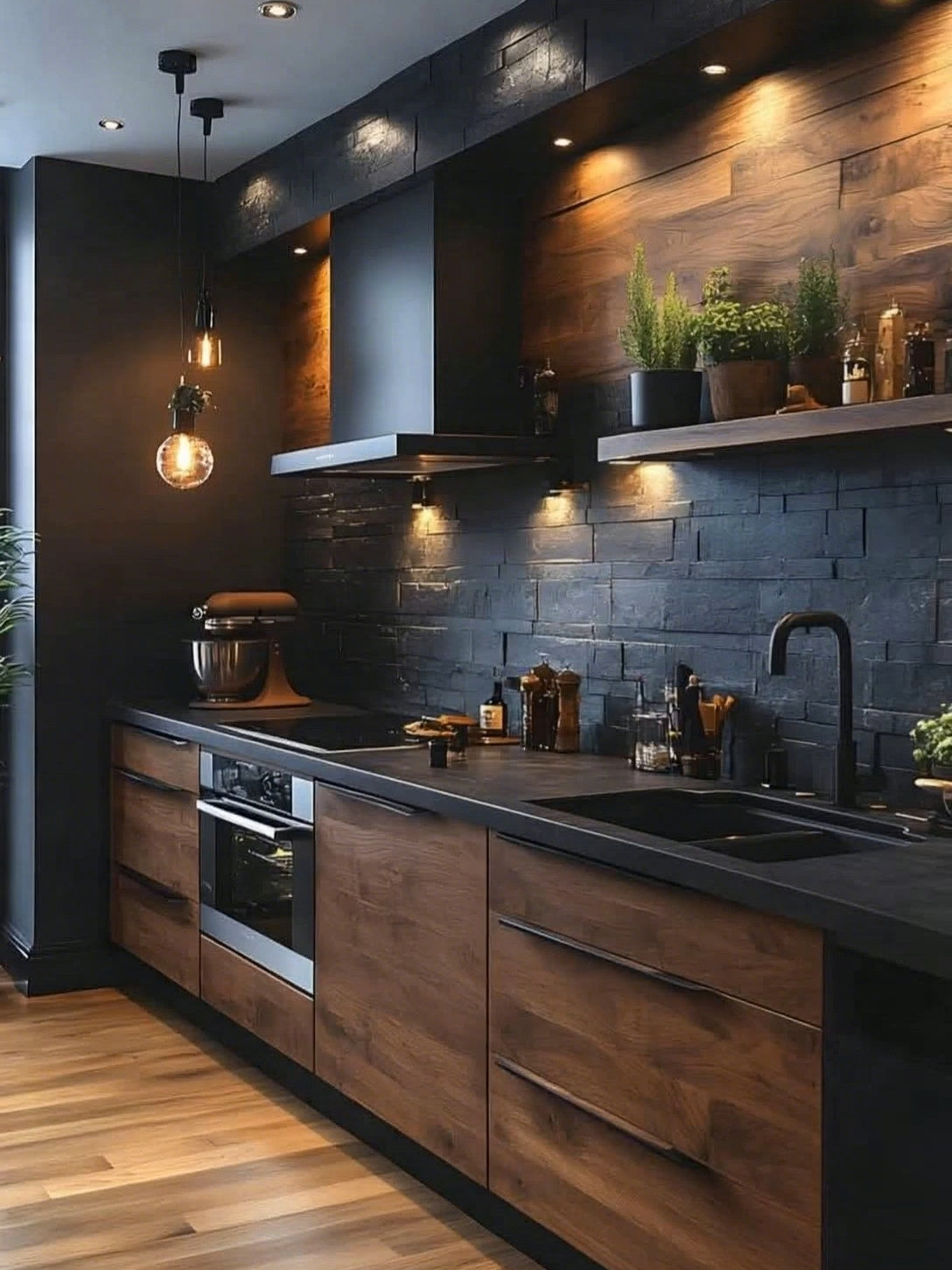 Deep tones. Sharp lines. Pure modern luxury. This black-and-wood kitchen is everything. ✨ #moderninterio #kitchenmakeover #luxuryhome #interiorvibes #homedesign #kitchenstyle #kitchentrends #dreaminterior #blackkitchen #matteblackaesthetic #woodandblack #homedecor #fyp #designinspo #interiorluxury