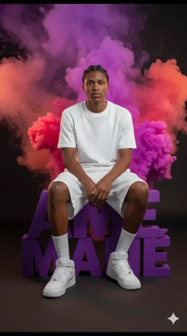 Garde le même visage  Sans changer de visage, créez un portrait en studio complet d'un jeune homme avec cheveux tressés, portant un t-shirt blanc, un short blanc et des basquettes blanches . Elle est assise sur de grandes lettres majuscules violettes qui épellent « AME MANÉ ». Le fond est sombre, avec des panaches vibrants de fumée violette, rose et orange émanant de derrière elle. L'éclairage est uniforme, mettant en valeur ses traits et le texte. L’esthétique globale est épurée et stylisée. Mon nom est Ame Mané. #trendgemini #fypシ゚viral #trend #gemini 