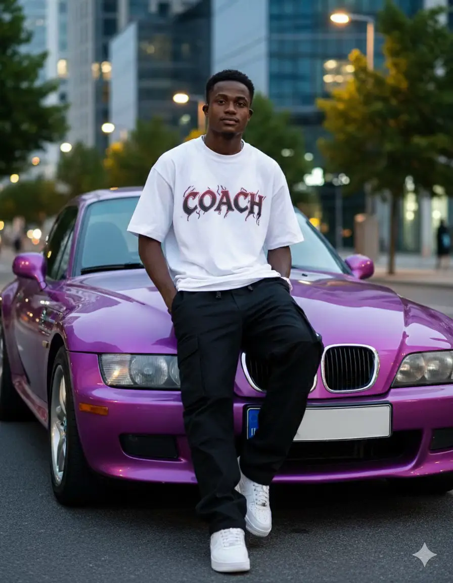 1. Open Gemini📲 2. Upload a photo📸 3. Paste the prompt 👇 Make a y2k portrait of a young person from a reference photo, copy it simultaneously for face and hair. The casual-style man leaned over the headlights of a bright purple BMW sports car. He was wearing an ample white t-shirt with the graphic inscription 