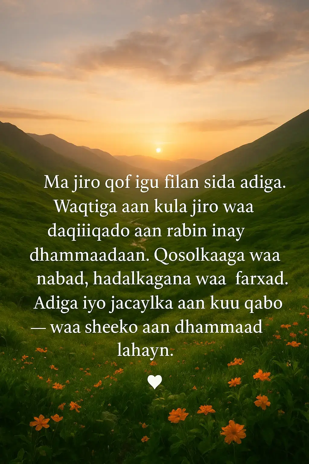 #jacayl🔐♥ #jacayldhabah🔐💘💔💖 #👩‍❤️‍👨👩‍❤️‍👨👩‍❤️‍👨💞 #👩‍❤️‍👨👩‍❤️‍👨👩‍❤️‍👨💞 #👩‍❤️‍👨👩‍❤️‍👨👩‍❤️‍👨💞  1• Ma jiro qof igu filan sida adiga. Waqtiga aan kula jiro waa daqiiqado aan rabin inay dhammaadaan, waayo adiga ayaa sabab u ah farxadda aan dareemo mar kasta oo aan dhoola caddeeyo. 2• Qosolkaaga waa nabad — wuxuu dejinayaa qalbi daalan, hadalkaagana waa farxad — wuxuu nolosha u keenaa iftiin iyo rajo. Markaan kaa maqnaado, dunidu waxay u ekaataa mid aamusan, laakiin markaan ku arko, dhammaan xanuunka iyo 3•  walbahaarku wuu dabar go’aa. Adiga iyo jacaylka aan kuu qabo waa sheeko aan dhammaad lahayn, waa bog aan weligiis la xirin, waa riyo aan rabin inaan ka tooso. 4• Qalbigaygu wuxuu bartay inuu ku garaaco magacaaga, maskaxdeyduna ma ogola in ay hal daqiiqad kaa iloowdo. Adiga ayaad tahay bilowga iyo dhammaadka sheekadayda, iyo sababta aan u rumeysanahay in jacayl dhab ahi uu wali jiro.” 