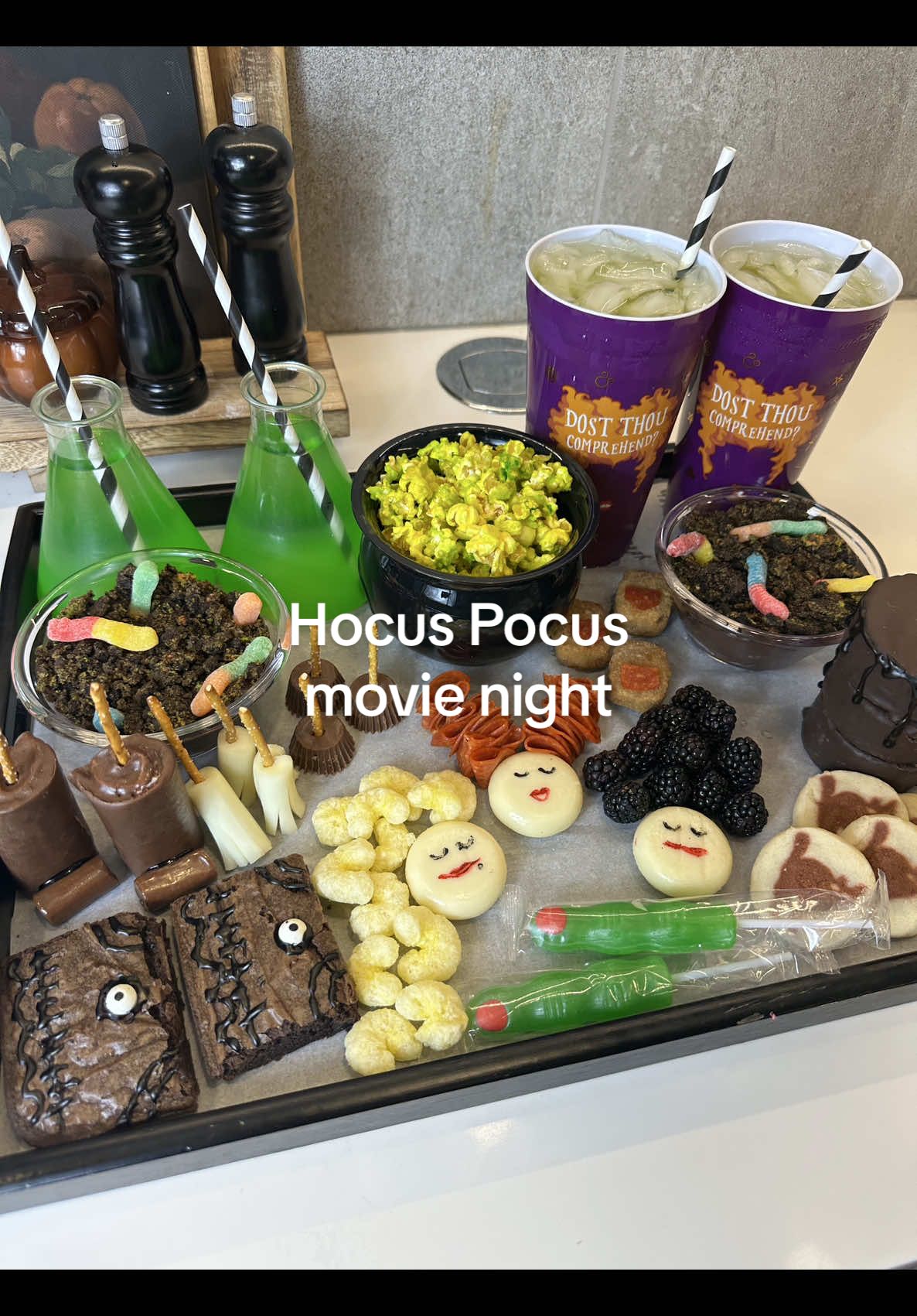 Hocus Pocus movie night complete with life potion, book brownies, the black flame candle, Mary’s flying vacuum and more! 🤍  What Halloween movie should I do next?! #hocuspocus #movienight #datenight #snackideas #snacks 