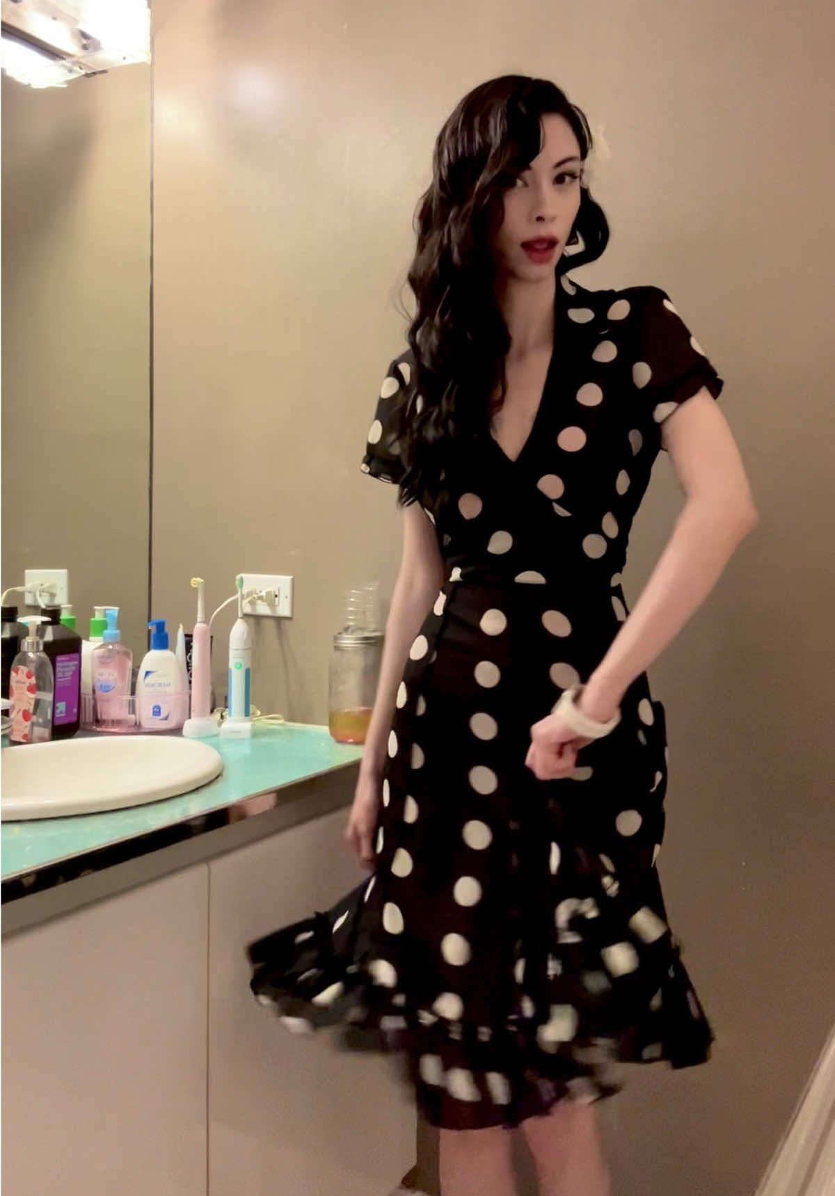 Pinup style outfit a bit? Kinda? Also ignore the acetone jar in the back, it’s for melting off paint lol  #pinup #pinupstyle #vintagefashion #1950s #fyp 