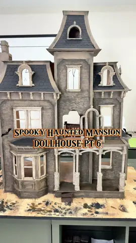 12 days into this ridiculous challenge and I’m almost finished with the exterior transformation! I added fencing, lights, moss, and grass to our soooky manor and all that’s left to tackle is the window panes and decor! 🎃  #dollhouse #hauntedhouse #halloween #spookyseason #miniatures 