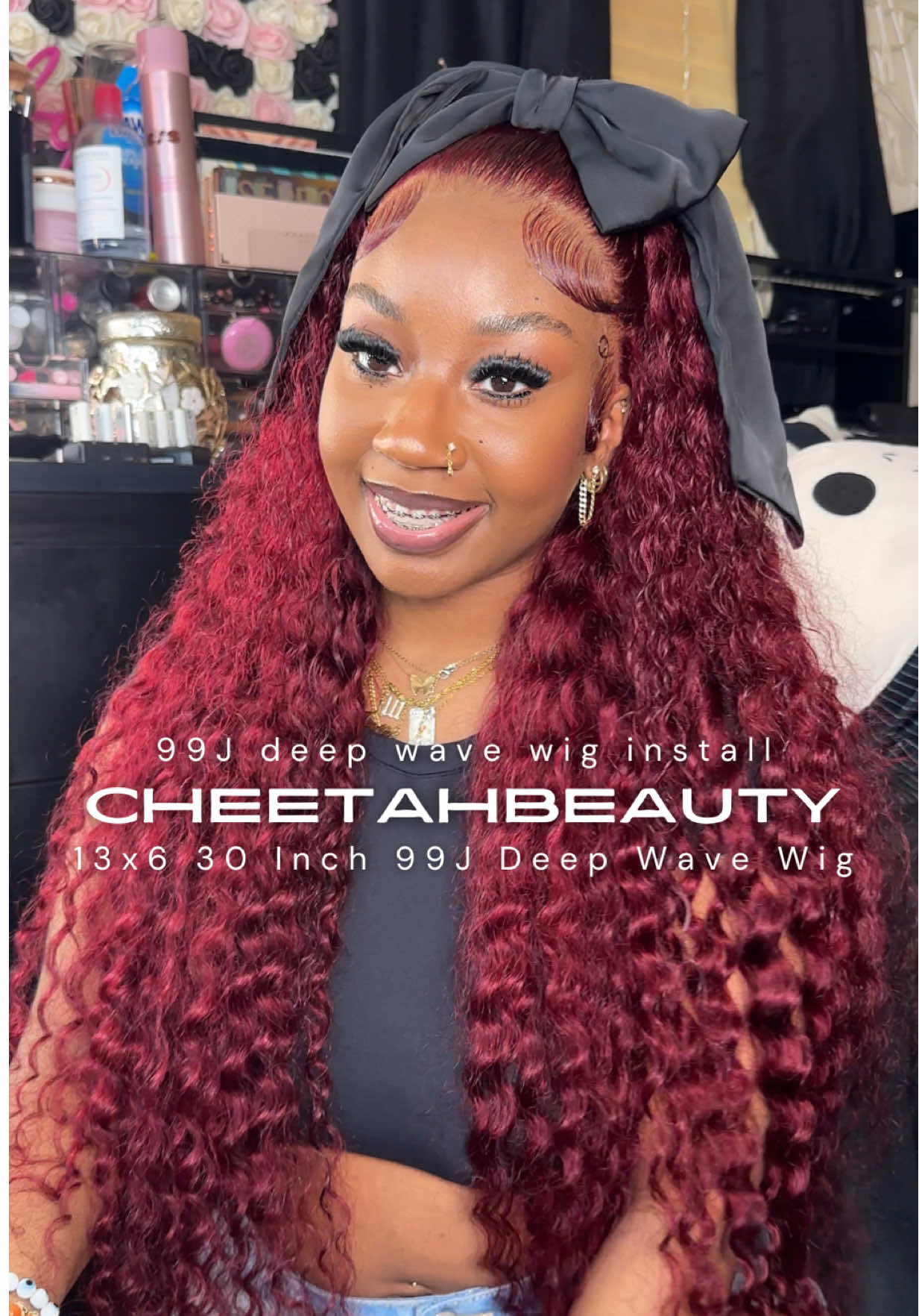 Glueless 30 inch deep wave wig install 🖤 | click the orange bag to purchase #wiginstall #gluelesswig #deepwavewig #wigtutorial #curlywig