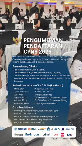 PENGUMUMAN PENDAFTARAN CPNS 2026 📢 Pemerintah Republik Indonesia secara resmi membuka pendaftaran Calon Pegawai Negeri Sipil (CPNS) Tahun 2026 untuk berbagai instansi pusat dan daerah di seluruh Indonesia. --- 💼 Formasi yang Dibuka: Tenaga Pendidikan (Guru & Dosen) Tenaga Kesehatan (Dokter, Perawat, Bidan, Apoteker) Tenaga Teknis (Administrasi, Keuangan, Hukum, IT, dan lainnya) Formasi Khusus (Disabilitas, Lulusan Terbaik, Putra/Putri Papua, Diaspora) #trending #topik #pns #cpns #terbaru 