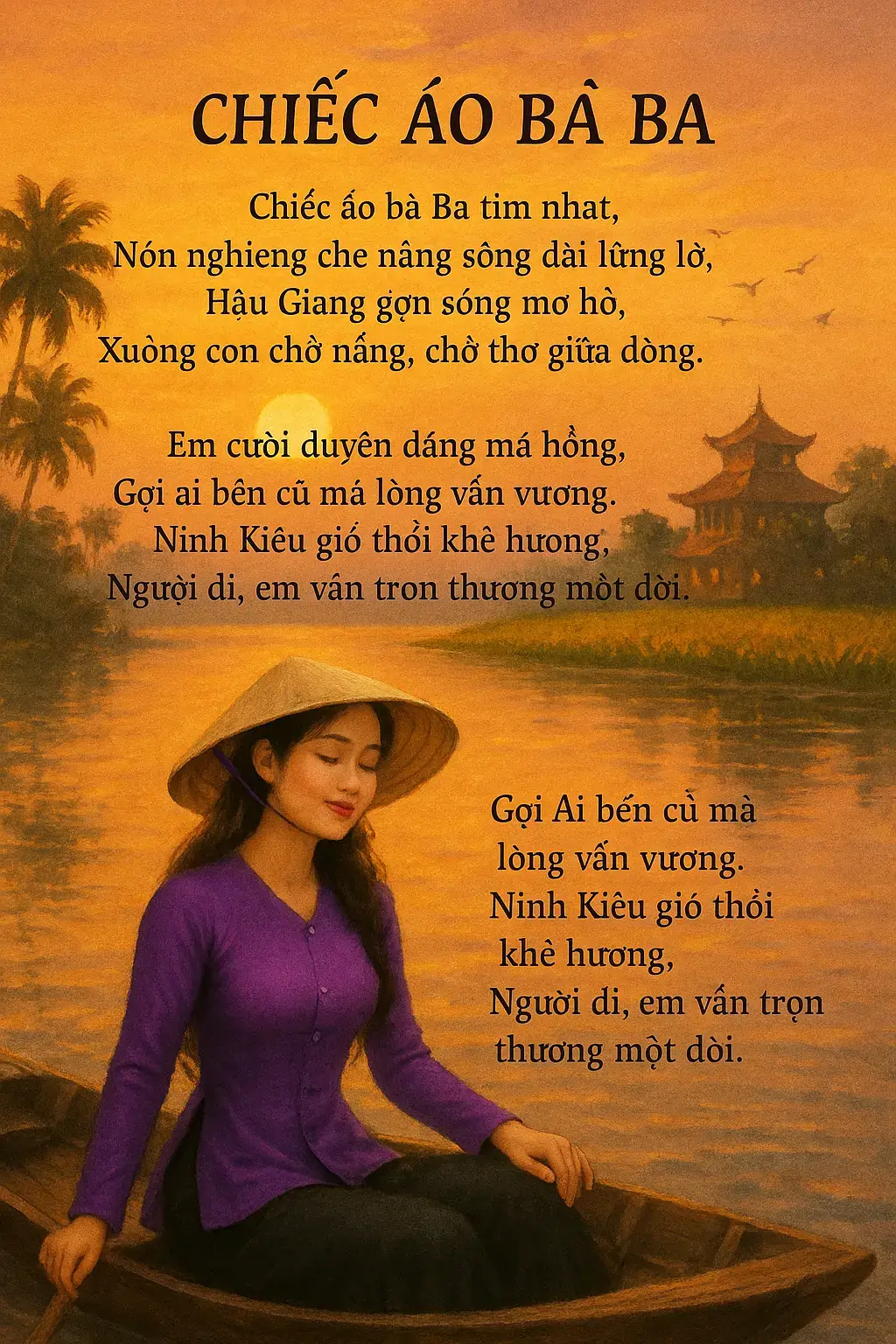 Giữa hoàng hôn Hậu Giang, em vẫn trọn thương một đời... 🌾 Chiếc áo bà ba tím khẽ lướt trên dòng nước lững lờ, như chở theo cả hương quê, tiếng hò, và nỗi nhớ. Ninh Kiều chiều xuống – gió nhẹ, sóng khẽ, mà lòng người vẫn chưa thôi vương vấn… 💜  #NinhKiềuChiềuTím #DuyênDángÁoBàBa #VănHóaNamBộ #ConGáiMiềnTây #trieuview💵 