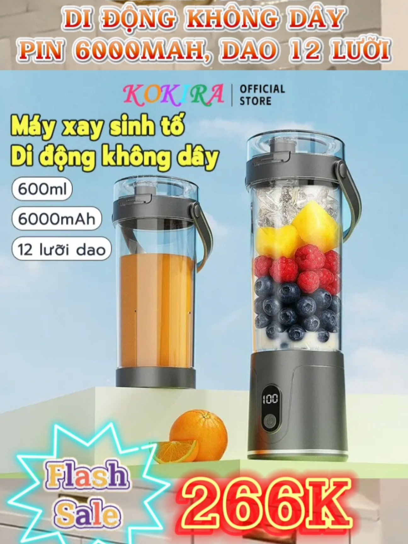 MÁY XAY SINH TỐ CẦM TAY KOKIRA 600ML, DI ĐỘNG KHÔNG DÂY, PIN 6000MAH, DAO 12 LƯỠI #máyxaysinhtố #mayxaysinhto #mayxaysinhtomini #mayxaysinhtocamtay #giadungbantot 