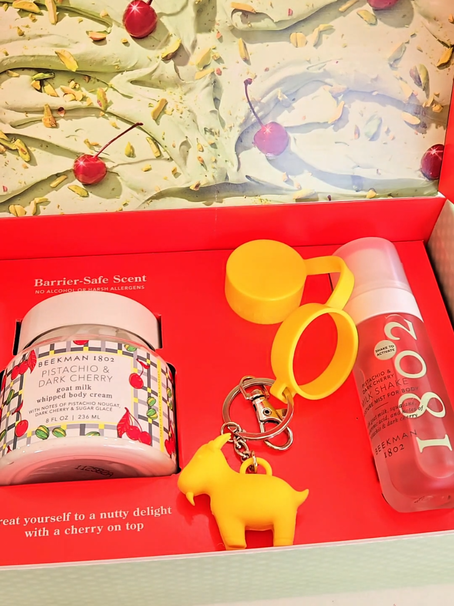 🍒🐐 Dive into the irresistible scent of Beekman 1802's new Pistachio & Dark Cherry Body Mist. With its nutty pistachio and sweet cherries, it's the perfect addition to your fragrance lineup. Treat yourself to our 2-in-1 Milk Shake Moisture Mist. It's got barrier-safe scents and mess-free moisture, making it the cherry on top of your routine. Packed with hyaluronic acid, squalane, and jojoba oil, it offers 8 hours of hydration. The warm notes of roasted pistachios and the sweet touch of ripe cherries create a mouthwatering scent that lingers like your favorite dessert. 🍒 SCENT NOTES Top: Toasted Almond, Sugar Glacé Middle: Caramel Drizzles, Dark Cherry, Pistachio Nougat Base: Whipped Coconut, Bourbon Vanilla, Amber Pair it with the whipped body cream to make the scent last longer and give off a more complex, multi-dimensional aroma that's gentle on sensitive skin! You can save 20% on their own Milk Shake Body Mist by using my affiliate code. beautiful20  🔗https://partners.beekman1802.com/s/mrudula.c  @Beekman 1802 @Ulta Beauty  #KindnessKrew #Beekman1802 #MilkShakeBody #sensitiveskin #whippedbodycream 