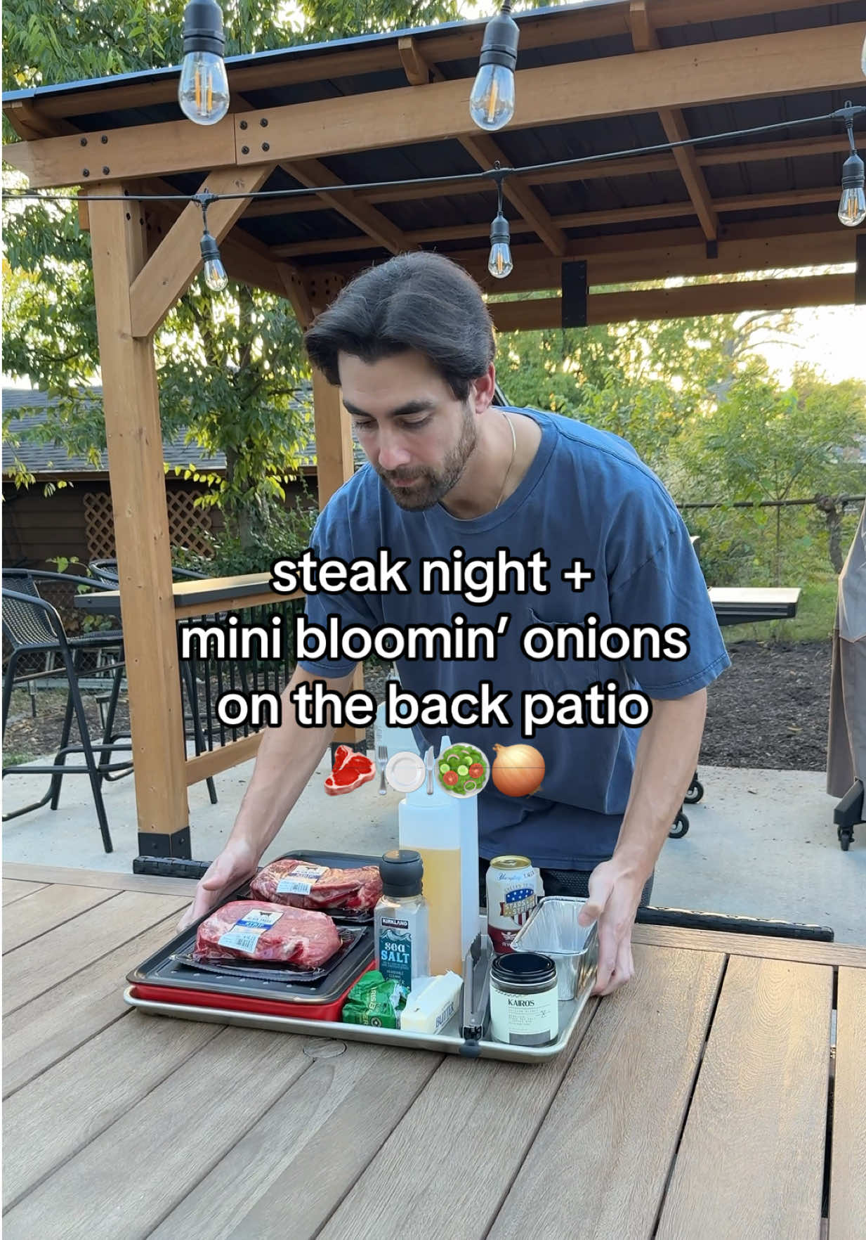 perfect steak night + mini bloomin onions on the back patio 🥩🥗🧅 this @Kairos Artisan Blends black sea salt + coffee seasoning is gonna be our new steak go-to….SO GOOD!  @Blackstone Griddles #blackstone #blackstonegriddle #steaknight #dadlife #dadtok 