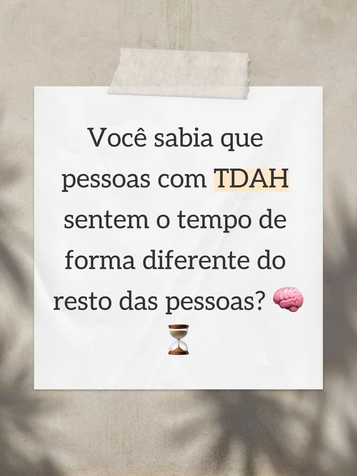 Você sabia que pessoas com TDAH sentem o tempo de forma diferente do resto das pessoas? 🧠⏳ O cérebro delas não mede o tempo pelo relógio, mas pela intensidade emocional do momento. Ou seja: quanto mais emoção, mais o cérebro registra. Por isso elas se perdem nas horas quando estão focadas em algo que amam — e sentem uma eternidade em algo que as entedia.” “Agora me conta: você vive esquecendo o tempo quando está empolgado com algo? 👇”