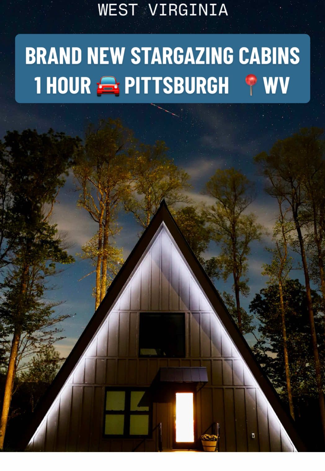 You’ll find these luxury A-frame cabins in one of the darkest sky regions on the East Coast  minutes from 📍Morgantown, WV 📍1 hour from Pittsburgh and  📍3.5hours from Washington, DC in 🌲 Coopers Rock State Forest 🔭 The 800 square foot cabins are dog-friendly, sleep 4, and come with Celestron telescopes and indoor wood burning fireplaces.  They also have outdoor fire pits, floor to ceiling windows, bathrooms with fluffy towels, and fully-equipped kitchens, WiFi + smart TVs, and really everything you need for a peaceful escape in nature.  🥾 Beyond the cabins, Coopers Rock State Forest is home to over 50 miles of trails for hiking and biking (our favorites are Raven Rock + Rock City), sandstone cliffs for climbing and bouldering, cross-country ski terrain, one of the state’s Almost Heaven Swings, and the most beautiful overlook that’s perfect for taking in the fall foliage in all its glory.  —> So send this to who you want to stay here with ✨💫✌️ Happy stargazing + Happy exploring! [ʜᴏꜱᴛᴇᴅ] #almostheaven #westvirginia #aframe #aframecabin #uniquestays