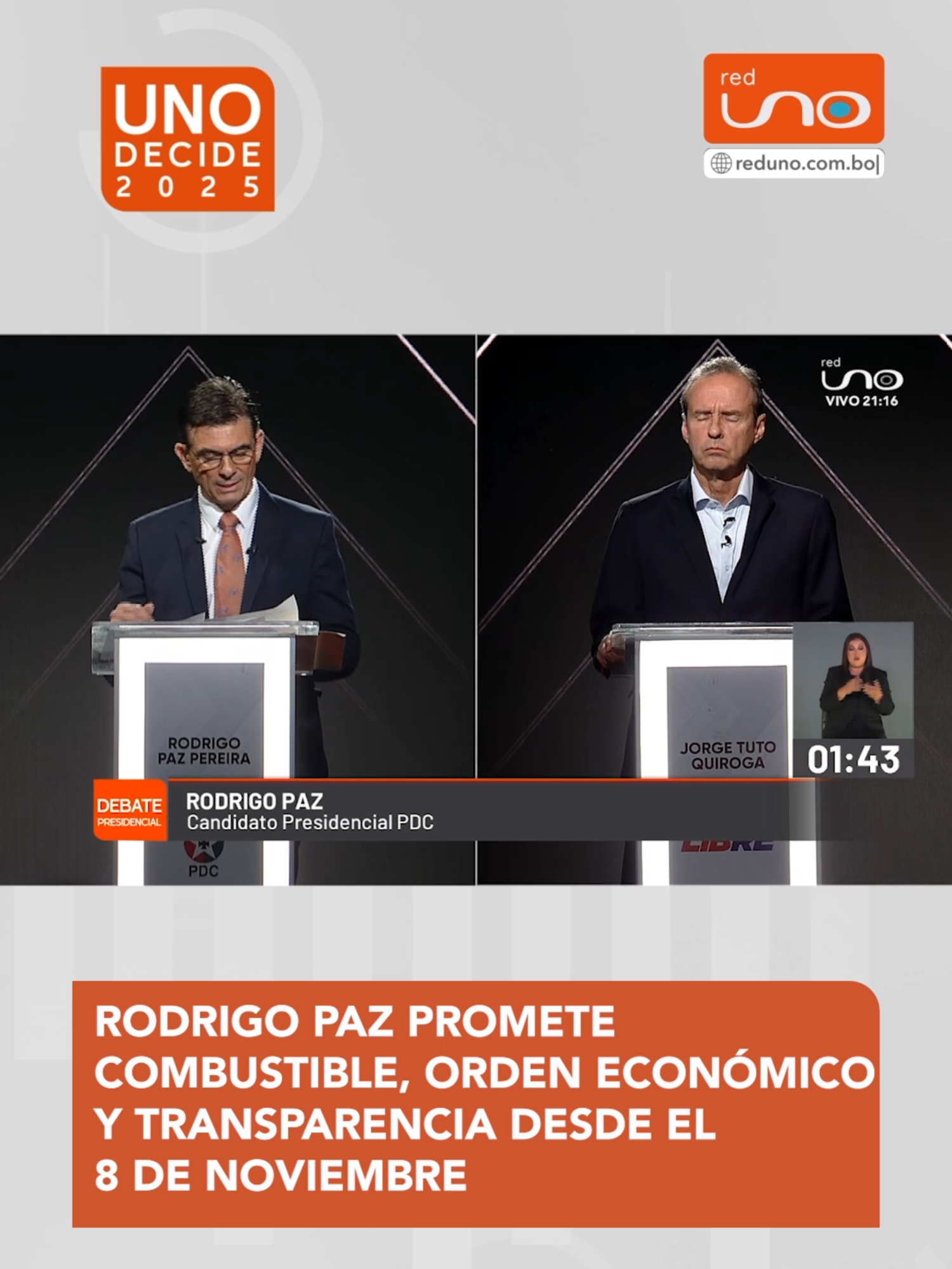 #UnoDecide | “No más filas, no más contratos con falta de transparencia. El 8 de noviembre habrá combustible en todo el país”, prometió Rodrigo Paz Pereira, candidato presidencial por el PDC, durante el debate presidencial. ▶️ Más información en: www.reduno.com.bo #RedUno #RedUnoDigital #Notivisión #Noticias #Bolivia #Viral #Elecciones