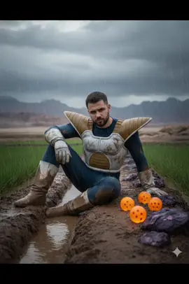 1️⃣ Acesse o Gemini  2️⃣ Insira sua imagem  3️⃣ Digite o prompt  A hyper-realistic cinematic photo of a man (based on the attached photo) sitting in a muddy rice field under soft rain, wearing a battle-worn sci-fi armor inspired by Dragon Ball Saiyan armor — blue bodysuit with white and gold armor plates, shoulder guards slightly scratched, muddy boots and gloves. The man is sitting on the edge of a small water channel, one knee up, one arm resting on it, the other hand on the ground for support. His expression is serious, contemplative, and slightly tired. Beside him on the muddy path are four glowing orange Dragon Balls with red stars, resting near purple rocks with wet textures. The background shows a vast desert and rocks and mountains field extending to the horizon under a cloudy stormy sky, with soft rain falling and visible droplets on the armor. Lighting is moody and cinematic, with soft diffuse natural light filtered through storm clouds, creating a dramatic, melancholic tone. #viralvideos #foryoupage #gemini #chatgpt #fyp 