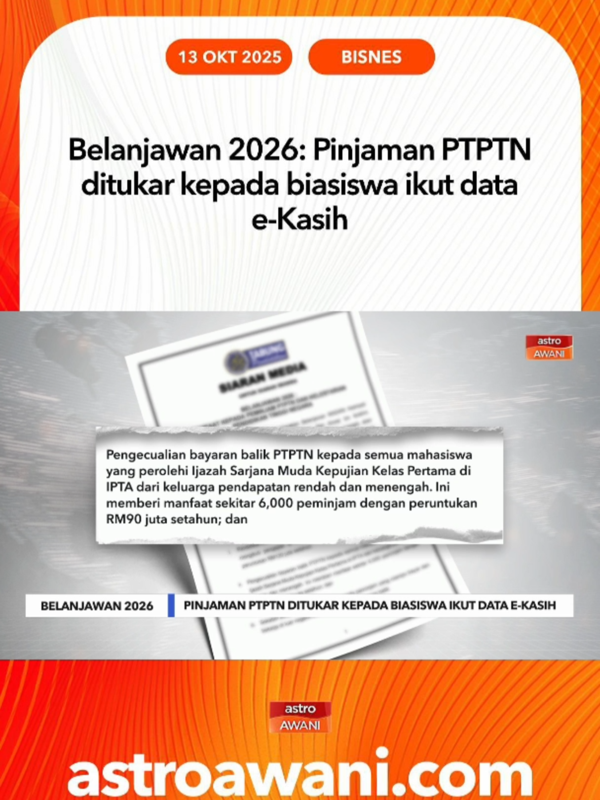 Inisiatif untuk peminjam PTPTN di bawah Belanjawan 2026 itu menunjukkan keprihatinan kerajaan terhadap kebajikan pelajar tersebut dan komitmen memastikan akses kepada pendidikan tinggi yang inklusif. #AWANInews
