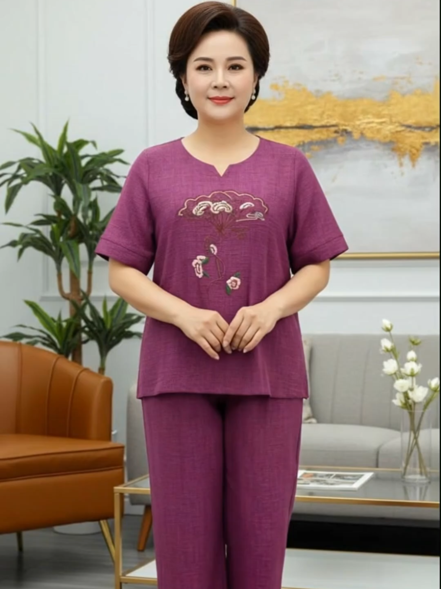 Bộ đồ trung  niên thêu hoa chất đũi vân mây mềm mịn sang trọng #xuhuong #thoitrangtrungnien #thoitrangbigsize #macdepmoingay #dobotrungnien