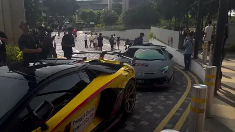 Two of the loudest SVJs in SG ☠️🙏   Grey: Unknown exhaust (If anybody know, say 😭) Yellow: Gintani  #r_fzz #carros #supercar #sportscar #aventadorsvj 