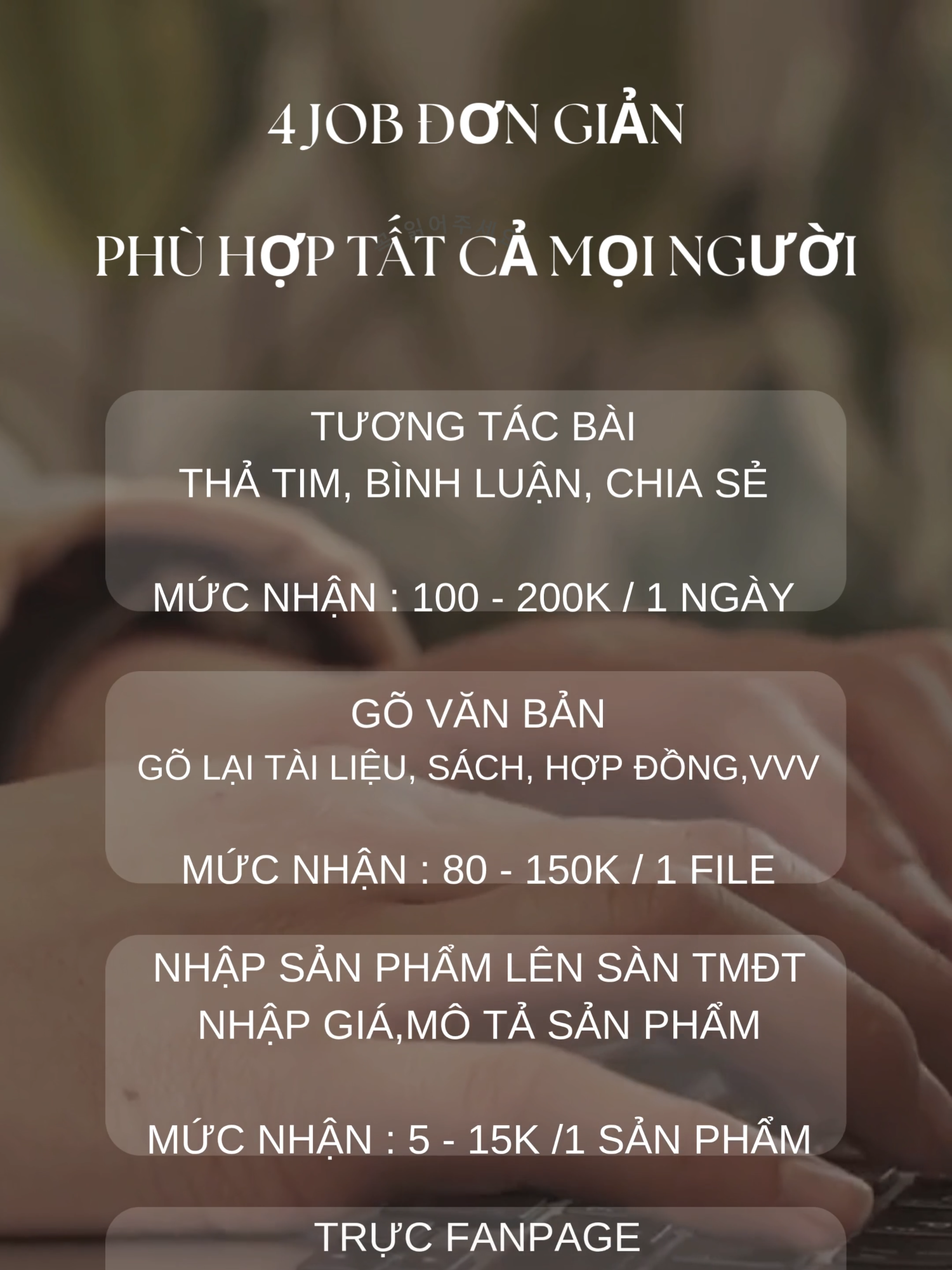 4 JOB PHÙ HỢP CHO NGƯỜI MỚI. KHÔNG YÊU CẦU KINH NGHIỆM. #xuhuong #vieconline #congtacviec #ctvonline #mebimsua #govanban #vieclamtainha #tuongtac #khaosatonline #nhaplieuonline #nhaplieu #fyp #pfp #vieclamonline #tiktok #online #troly #chamsockhachhang #tuvanthammy