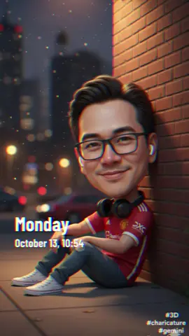 ใจฟูหัวโต ## Gemini  TikTok. #prompt. How to create a 3D caricature using your own photo 1. Open Google Gemini 2. Upload a photo 3. Enter the prompt Use the uploaded photo to create a realistic 3D caricature of a man with a slightly oversized head. He sits on the sidewalk amidst the sparkling city lights, wearing a Manchester United jersey, ripped jeans, and white sneakers. A headset is around his neck. His expression is relaxed as he sits with his head leaning against the wall. Use a caricature illustration style with slightly oversized head proportions, detailed facial expressions and eyes, and soft yet realistic textures. The atmosphere is warm #3D #charicature #arts #gemini  
