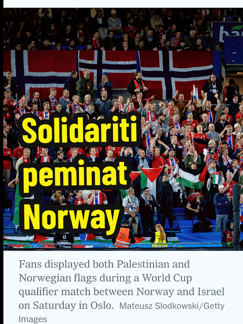 Haaland penyerang Norway / Manchester City, menunjukkan solidariti, apabila menjaringkan hatrik tiga gol berdiri di depan bendera Palestin direntang peminat Norway, dan memberikan tanda hormat dan sokongan beliau. Dalam perlawanan tersebut Norway membelasah Israhel 5-0, tiga gol disumbangkan Haaland.